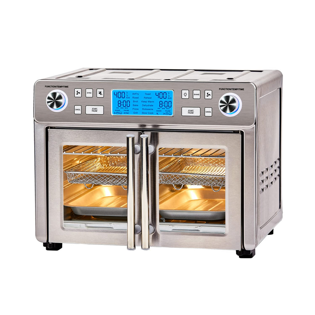 Emeril Lagasse Dual Zone Oven: 25QT air fryer oven, dual cooking zones, fast cooking, French doors, large capacity.