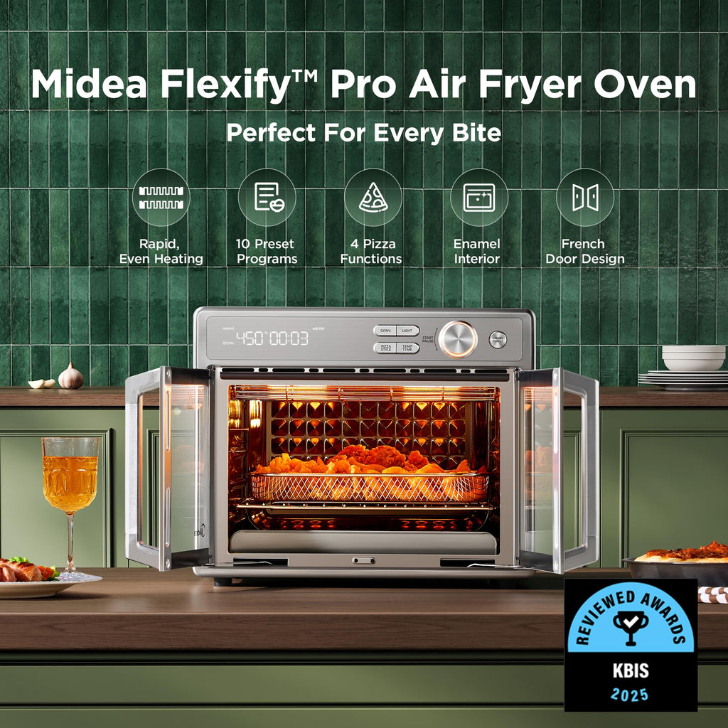 Midea Flexify Pro Oven: air fryer combo, 26.4QT capacity, 450°F fast cooking, French door design, versatile countertop oven.