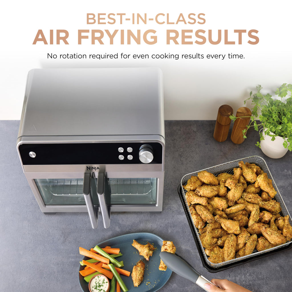 Ninja FO101 Oven: French door air fryer oven, 10-in-1 functions, 20QT capacity, dishwasher-safe accessories.